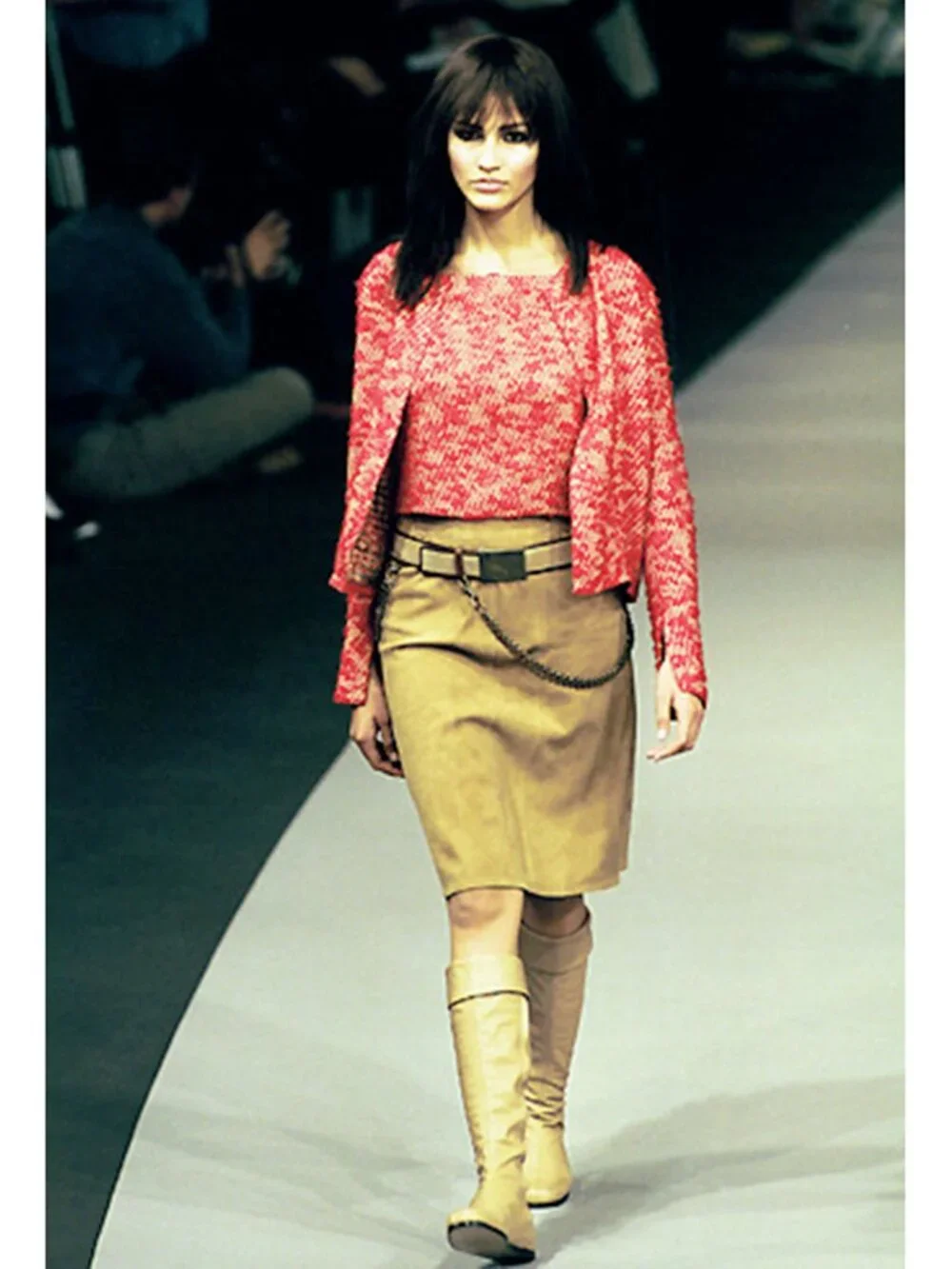 CHANEL 1999 Pre Fall 99A Red Yellow Mottled Boucle Tweed Tank Jacket Twin Set 38